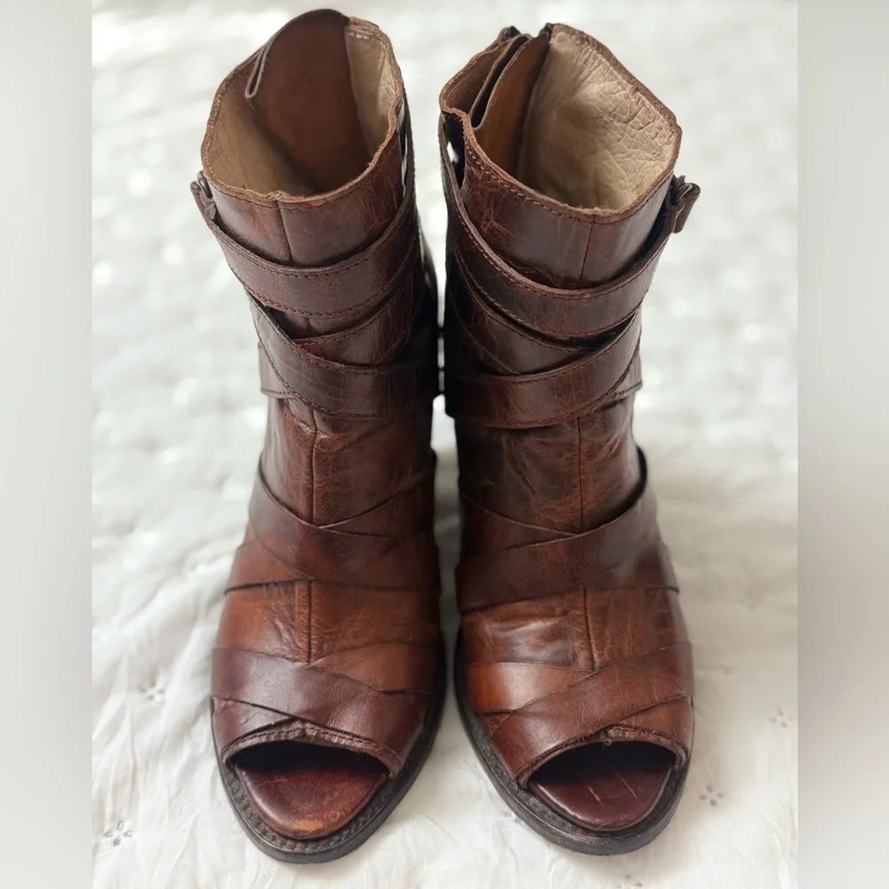 Freebird by Steven Joker Cognac Brown Leather Booties Open Toe Women’s Size 8